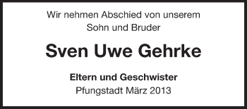 Traueranzeige von Sven Uwe Gehrke von Echo-Zeitungen (Gesamtausgabe)