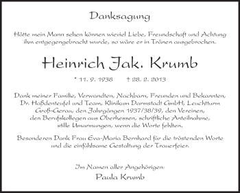 Traueranzeige von Heinrich Jak. Krumb von Rüsselsheimer Echo, Groß-Gerauer-Echo, Ried Echo