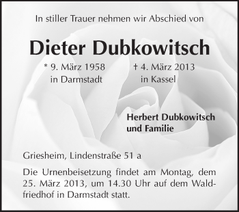 Traueranzeige von Dieter Dubkowitsch von Echo-Zeitungen (Gesamtausgabe)