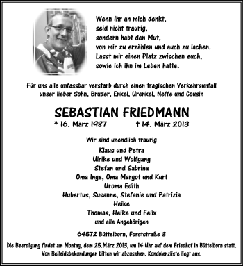 Traueranzeige von Sebastian Friedmann von Rüsselsheimer Echo, Groß-Gerauer-Echo, Ried Echo