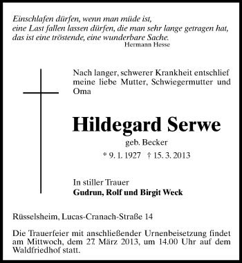 Traueranzeige von Hildegard Serwe von Rüsselsheimer Echo, Groß-Gerauer-Echo, Ried Echo