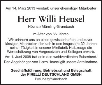 Traueranzeige von Willi Heusel von Odenwälder Echo