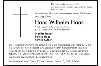 Traueranzeige von Hans Wilhelm Haas von Odenwälder Echo