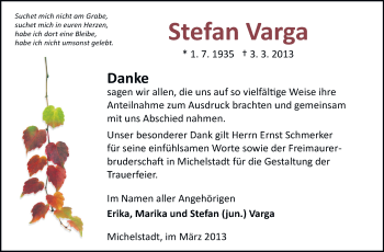 Traueranzeige von Stefan Varga von Odenwälder Echo