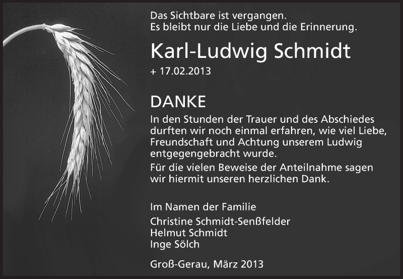 Traueranzeige für Karl-Ludwig Schmidt vom 23.03.2013 aus Rüsselsheimer Echo, Groß-Gerauer-Echo, Ried Echo