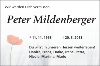 Traueranzeige von Peter Mildenberger  von Echo-Zeitungen (Gesamtausgabe)