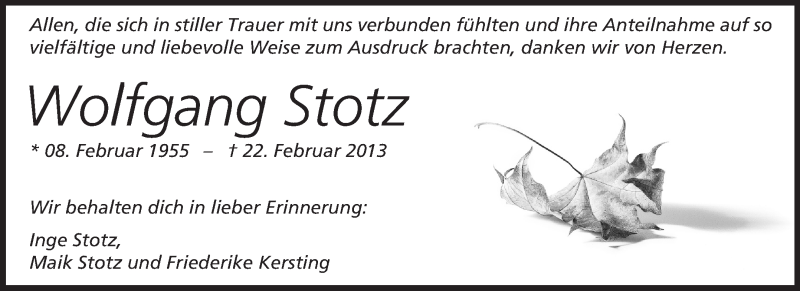  Traueranzeige für Wolfgang Stotz vom 23.03.2013 aus Odenwälder Echo