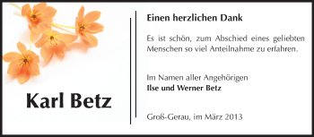 Traueranzeige von Karl Betz von Rüsselsheimer Echo, Groß-Gerauer-Echo, Ried Echo