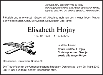 Traueranzeige von Elisabeth Hojny von Rüsselsheimer Echo, Groß-Gerauer-Echo, Ried Echo