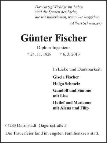Traueranzeige von Günter Fischer von Echo-Zeitungen (Gesamtausgabe)