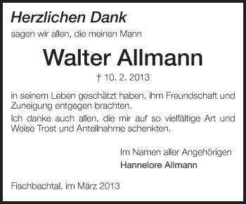 Traueranzeige von Walter Allmann von Echo-Zeitungen (Gesamtausgabe)
