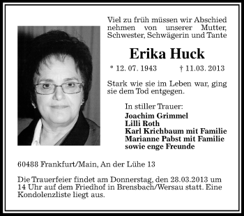 Traueranzeige von Erika Huck von Echo-Zeitungen (Gesamtausgabe)