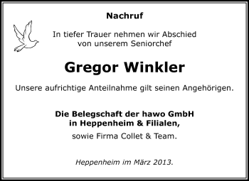Traueranzeige von Gregor Winkler von Starkenburger Echo