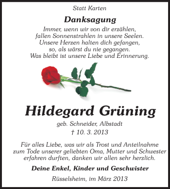 Traueranzeige von Hildegard Grüning von Rüsselsheimer Echo, Groß-Gerauer-Echo, Ried Echo