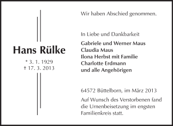 Traueranzeige von Hans Rülke von Rüsselsheimer Echo, Groß-Gerauer-Echo, Ried Echo