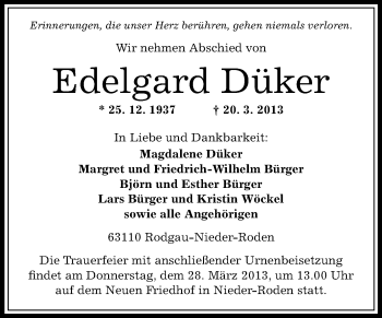 Traueranzeige von Edelgard Düker von Echo-Zeitungen (Gesamtausgabe)