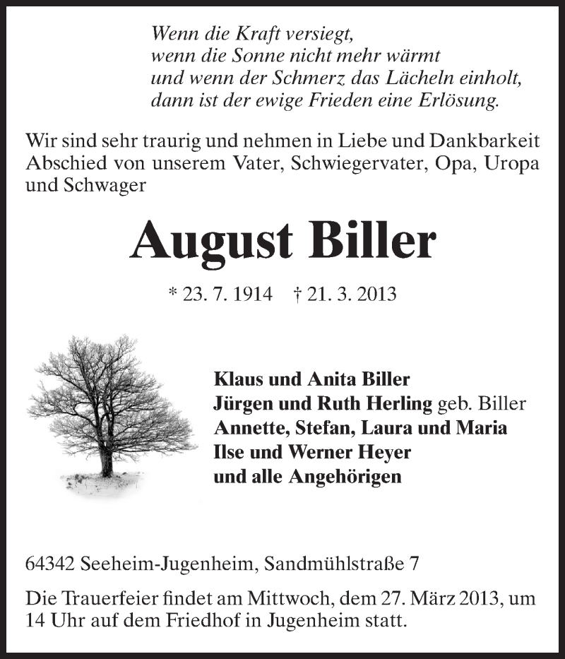  Traueranzeige für August Biller vom 23.03.2013 aus Echo-Zeitungen (Gesamtausgabe)