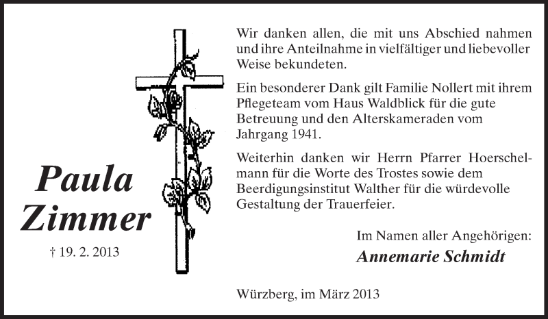  Traueranzeige für Paula Zimmer vom 23.03.2013 aus Odenwälder Echo