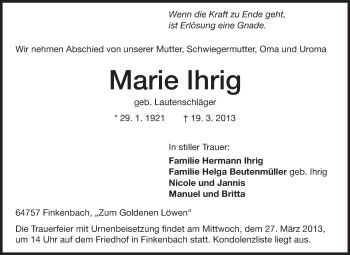 Traueranzeige von Marie Ihrig von Odenwälder Echo