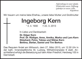 Traueranzeige von Ingeborg Kern von Echo-Zeitungen (Gesamtausgabe)