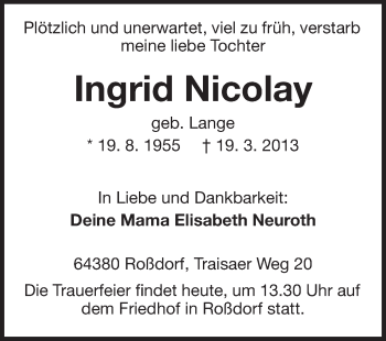 Traueranzeige von Ingrid Nicolay von Echo-Zeitungen (Gesamtausgabe)