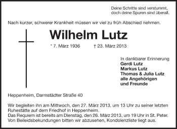 Traueranzeige von Wilhelm Lutz von Starkenburger Echo