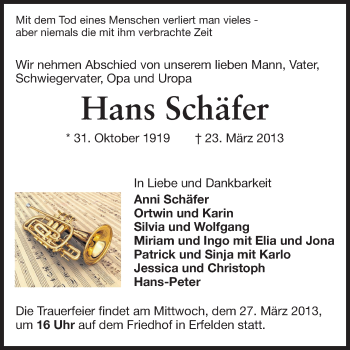 Traueranzeige von Hans Schäfer von Rüsselsheimer Echo, Groß-Gerauer-Echo, Ried Echo