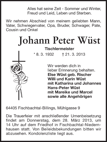 Traueranzeige von Johann Peter Wüst von Echo-Zeitungen (Gesamtausgabe)