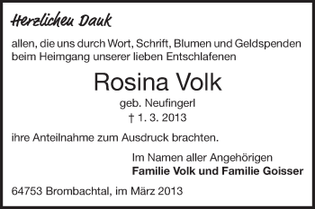 Traueranzeige von Rosina Volk von Odenwälder Echo