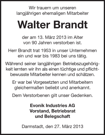 Traueranzeige von Walter Brandt von Echo-Zeitungen (Gesamtausgabe)