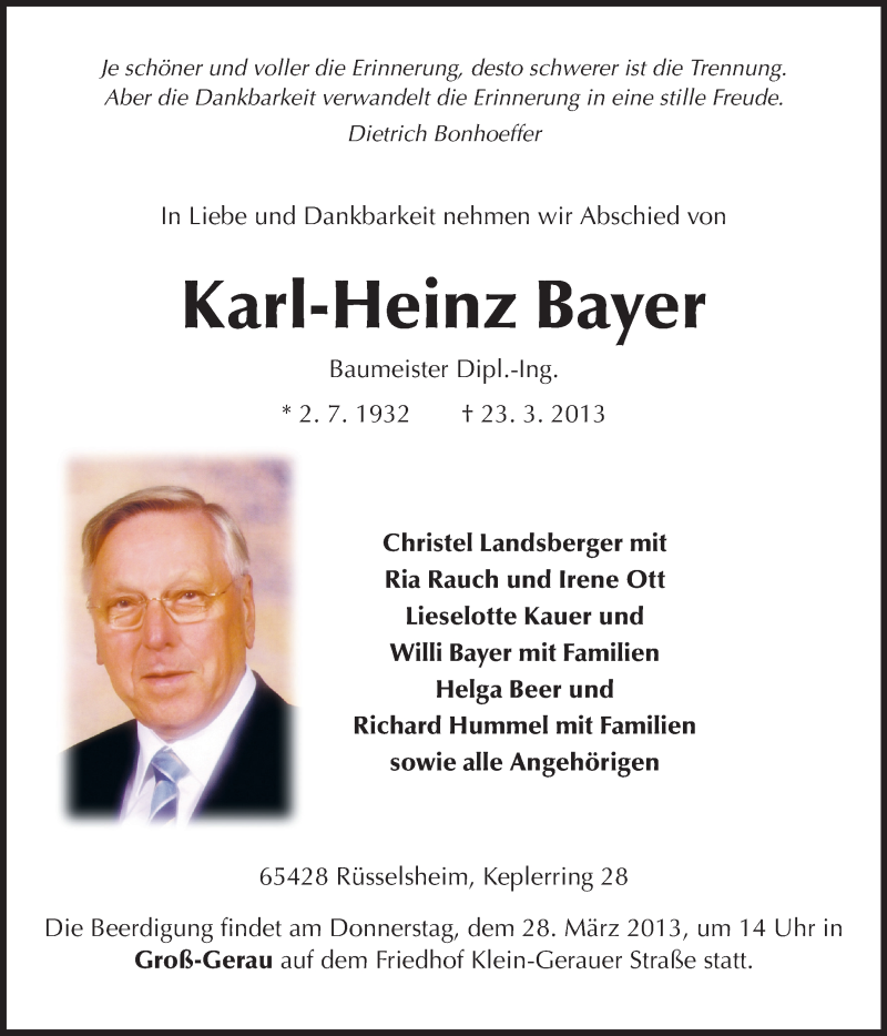  Traueranzeige für Karl-Heinz Bayer vom 26.03.2013 aus Rüsselsheimer Echo, Groß-Gerauer-Echo, Ried Echo