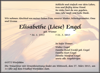Traueranzeige von Elisabethe Engel von Rüsselsheimer Echo, Groß-Gerauer-Echo, Ried Echo