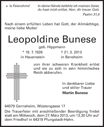 Traueranzeige von Leopoldine Bunese von Rüsselsheimer Echo, Groß-Gerauer-Echo, Ried Echo