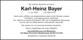Traueranzeige von Karl-Heinz Bayer von Rüsselsheimer Echo, Groß-Gerauer-Echo, Ried Echo
