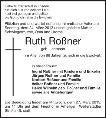 Traueranzeige von Ruth Roßner von Echo-Zeitungen (Gesamtausgabe)