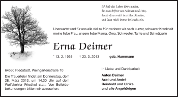 Traueranzeige von Erna Deimer von Rüsselsheimer Echo, Groß-Gerauer-Echo, Ried Echo