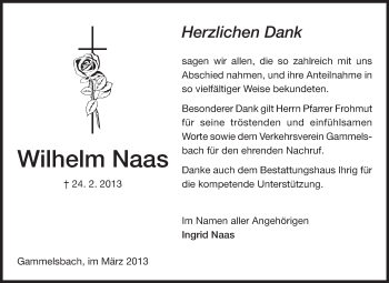 Traueranzeige von Wilhelm Naas von Odenwälder Echo