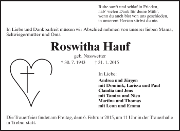 Traueranzeige von Roswitha Hauf von Rüsselsheimer Echo, Groß-Gerauer-Echo, Ried Echo