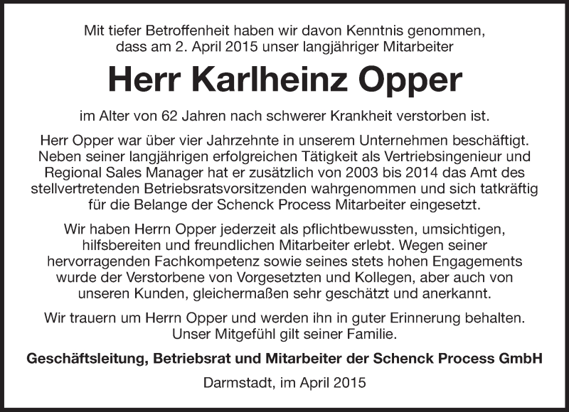  Traueranzeige für Karlheinz Opper vom 11.04.2015 aus Echo-Zeitungen (Gesamtausgabe)