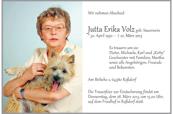Traueranzeige von Jutta Erika Volz von Echo-Zeitungen (Gesamtausgabe)