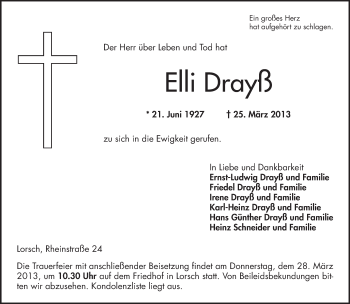 Traueranzeige von Elli Drayß von Starkenburger Echo, Bergsträßer Anzeiger