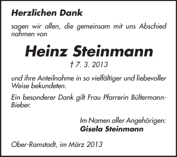 Traueranzeige von Heinz Steinmann von Darmstädter Echo, Odenwälder Echo, Rüsselsheimer Echo, Groß-Gerauer-Echo, Ried Echo