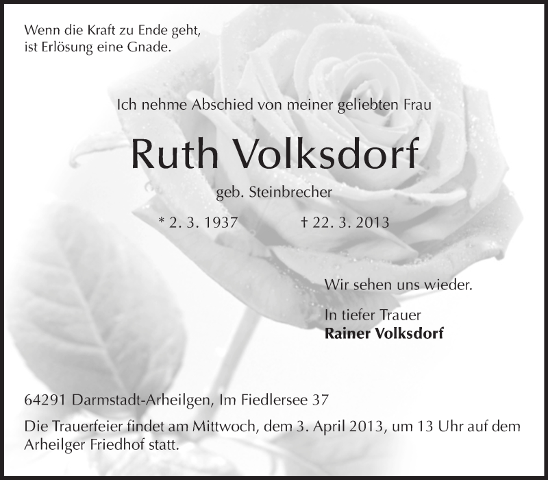  Traueranzeige für Ruth Volksdorf vom 30.03.2013 aus Echo-Zeitungen (Gesamtausgabe)