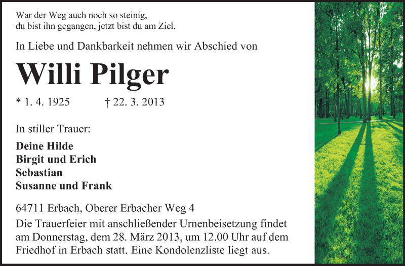  Traueranzeige für Willi Pilger vom 26.03.2013 aus Odenwälder Echo