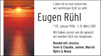 Traueranzeige von Eugen Rühl von Rüsselsheimer Echo, Groß-Gerauer-Echo, Ried Echo