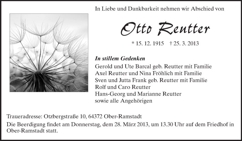  Traueranzeige für Otto Reutter vom 27.03.2013 aus Echo-Zeitungen (Gesamtausgabe)