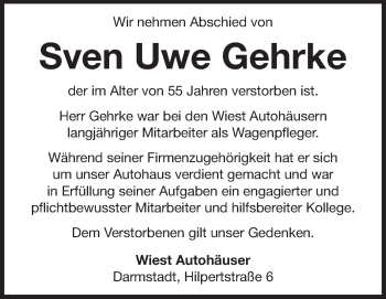 Traueranzeige von Sven Uwe Gehrke von Echo-Zeitungen (Gesamtausgabe)