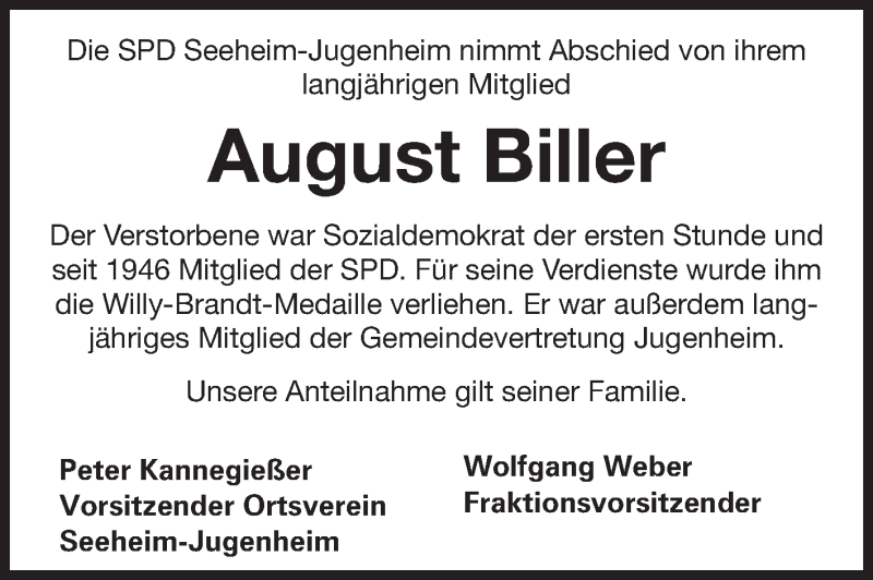  Traueranzeige für August Biller vom 26.03.2013 aus Echo-Zeitungen (Gesamtausgabe)