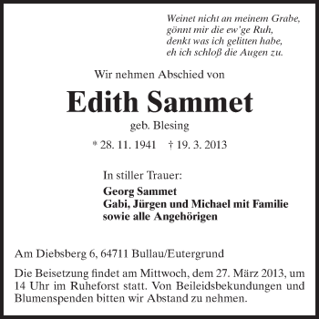 Traueranzeige von Edith Sammet von Odenwälder Echo