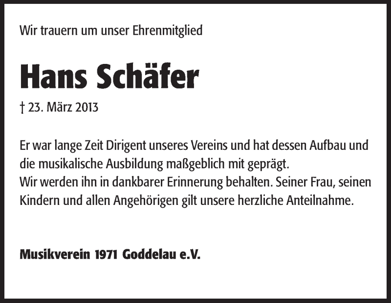  Traueranzeige für Hans Schäfer vom 27.03.2013 aus Rüsselsheimer Echo, Groß-Gerauer-Echo, Ried Echo
